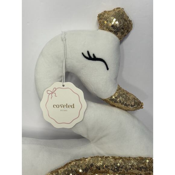 White Plush Swan Shaped Accent Pillow Gold Sequins NWT Coveted Home Decor - Picture 2 of 9